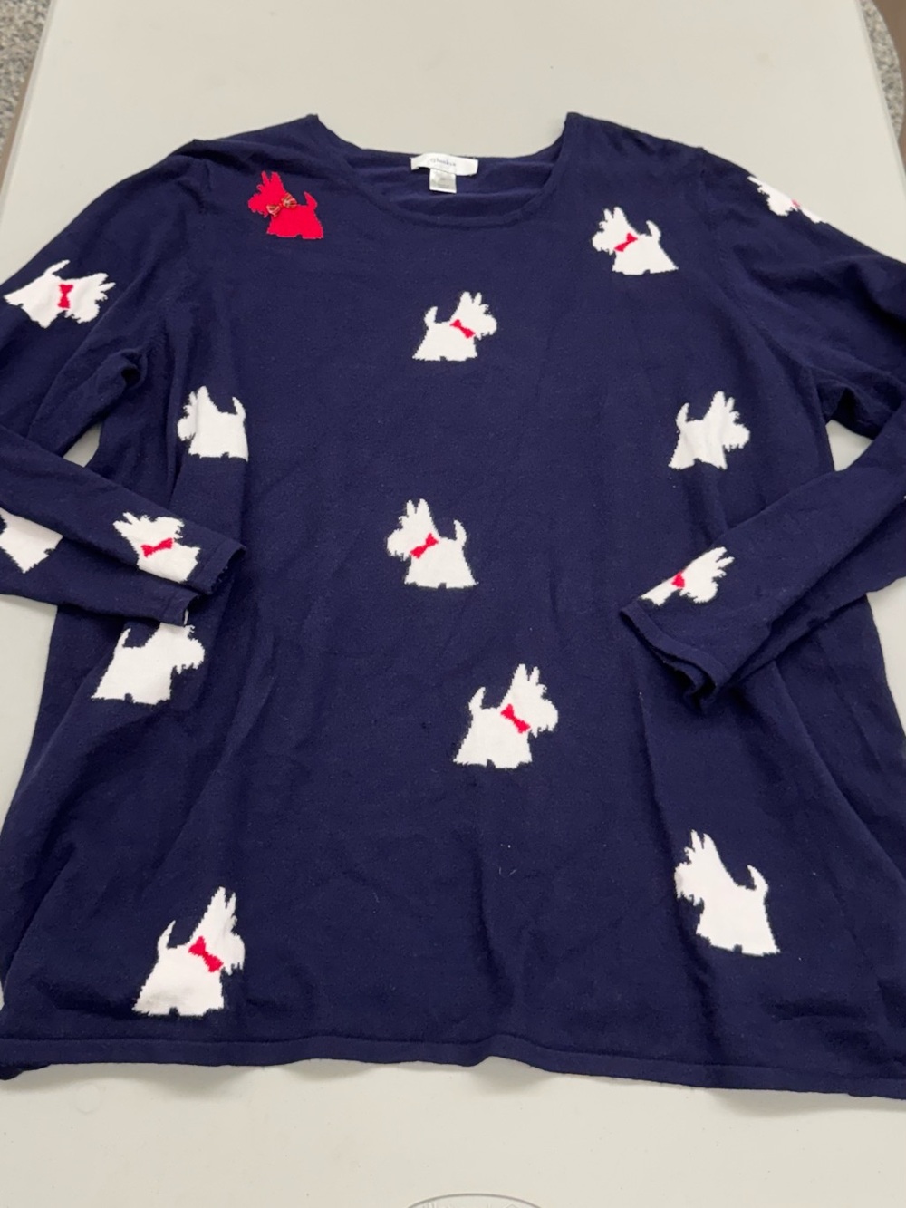 CJ Banks Navy Blue Plus Siz Sweater White Scottie Dog Puppy Animal Red White Bow